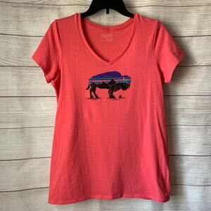 Patagonia Coral V-Neck Tee with Blue and Black Buffalo Graphic